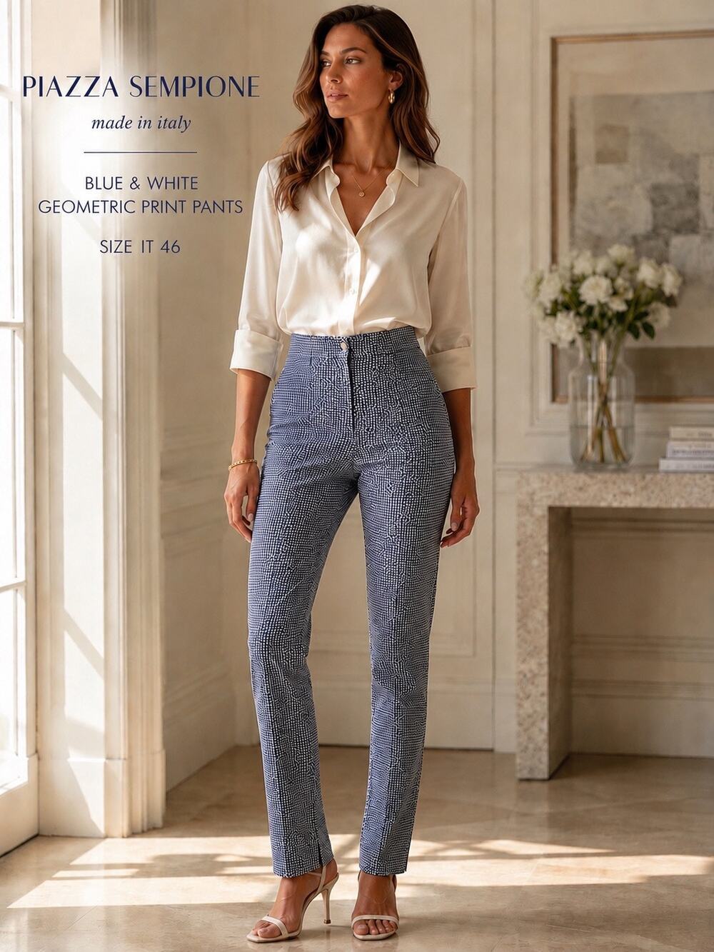 Piazza Sempione Blue White Geometric Print Straight Leg Pant Italian Designer 10